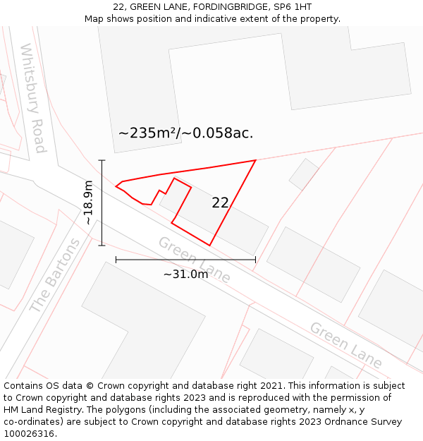 22, GREEN LANE, FORDINGBRIDGE, SP6 1HT: Plot and title map