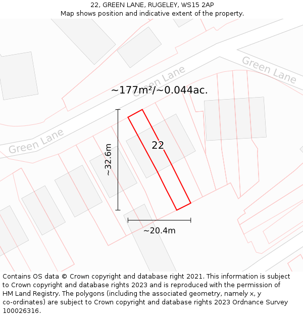 22, GREEN LANE, RUGELEY, WS15 2AP: Plot and title map