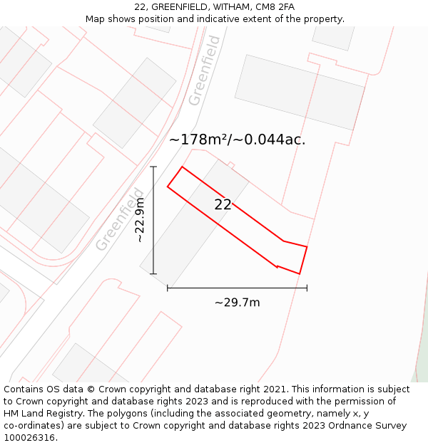 22, GREENFIELD, WITHAM, CM8 2FA: Plot and title map