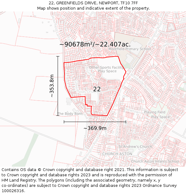 22, GREENFIELDS DRIVE, NEWPORT, TF10 7FF: Plot and title map