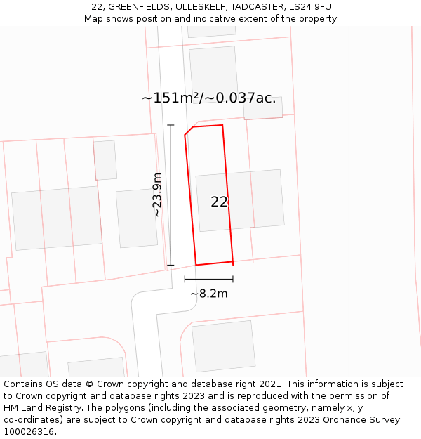 22, GREENFIELDS, ULLESKELF, TADCASTER, LS24 9FU: Plot and title map