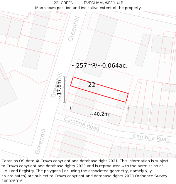 22, GREENHILL, EVESHAM, WR11 4LP: Plot and title map