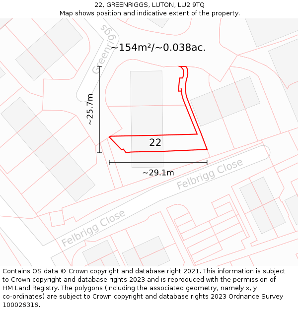 22, GREENRIGGS, LUTON, LU2 9TQ: Plot and title map