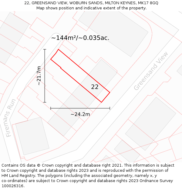 22, GREENSAND VIEW, WOBURN SANDS, MILTON KEYNES, MK17 8GQ: Plot and title map