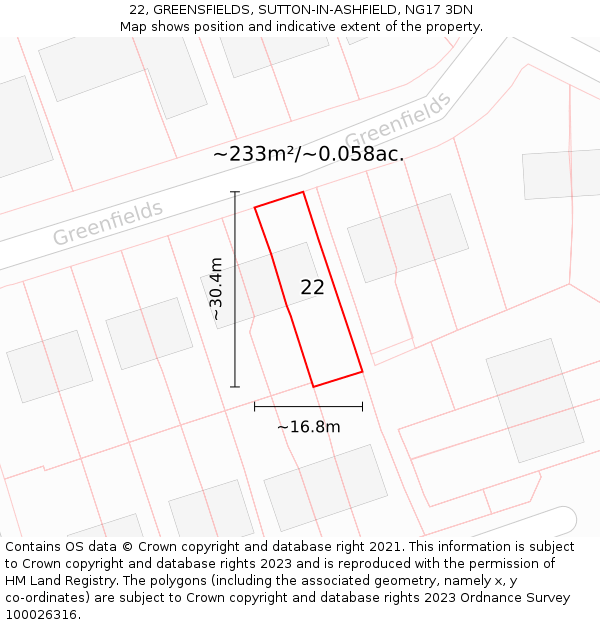 22, GREENSFIELDS, SUTTON-IN-ASHFIELD, NG17 3DN: Plot and title map