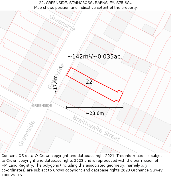 22, GREENSIDE, STAINCROSS, BARNSLEY, S75 6GU: Plot and title map
