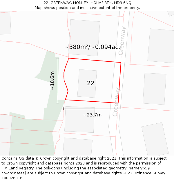 22, GREENWAY, HONLEY, HOLMFIRTH, HD9 6NQ: Plot and title map