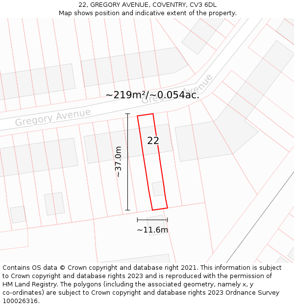 22, GREGORY AVENUE, COVENTRY, CV3 6DL: Plot and title map