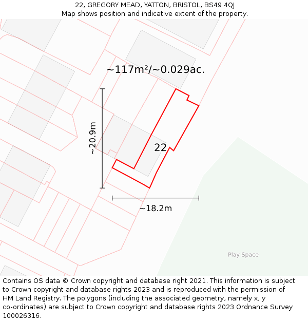 22, GREGORY MEAD, YATTON, BRISTOL, BS49 4QJ: Plot and title map