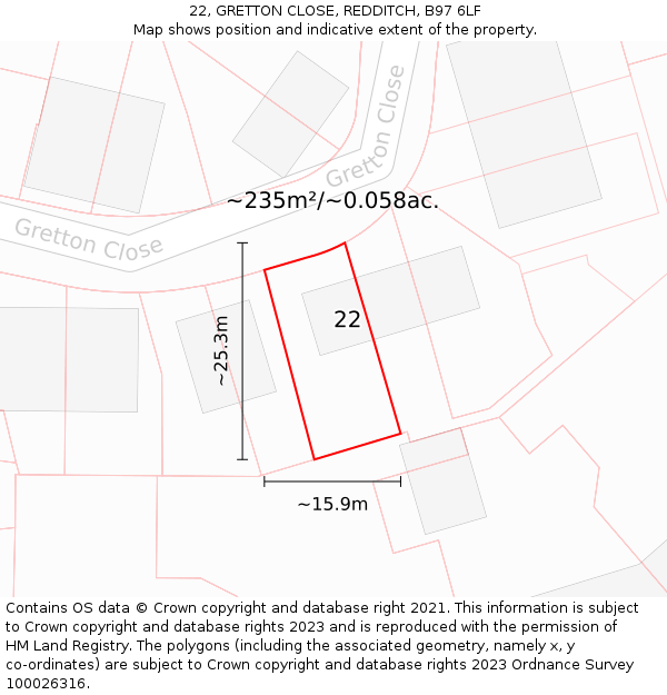 22, GRETTON CLOSE, REDDITCH, B97 6LF: Plot and title map