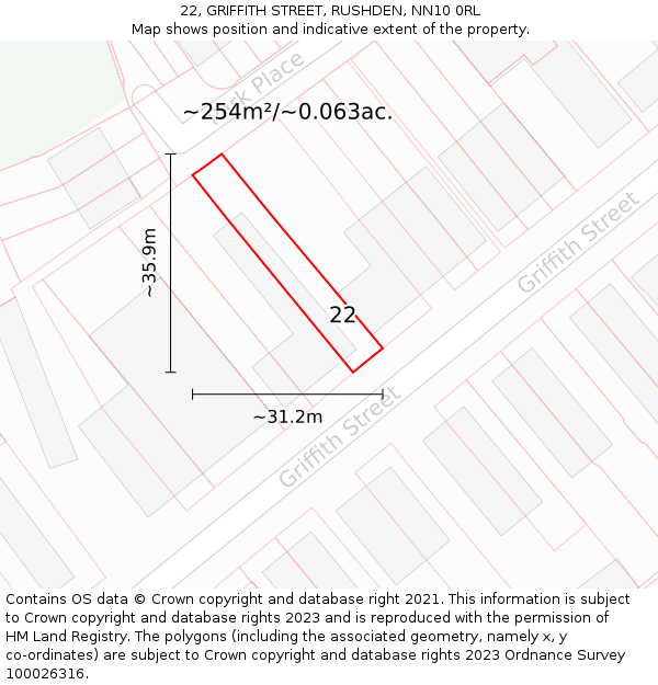 22, GRIFFITH STREET, RUSHDEN, NN10 0RL: Plot and title map