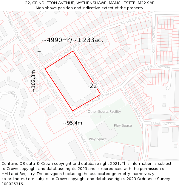 22, GRINDLETON AVENUE, WYTHENSHAWE, MANCHESTER, M22 9AR: Plot and title map