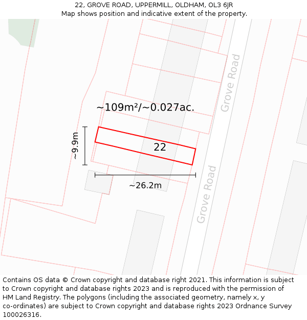 22, GROVE ROAD, UPPERMILL, OLDHAM, OL3 6JR: Plot and title map