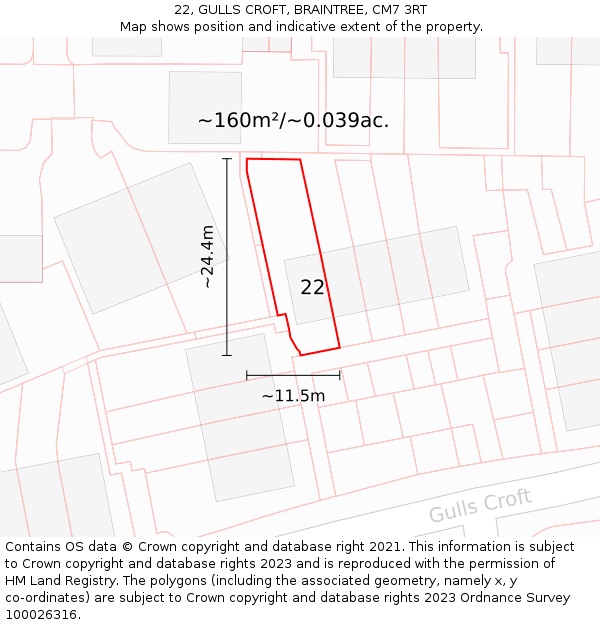 22, GULLS CROFT, BRAINTREE, CM7 3RT: Plot and title map