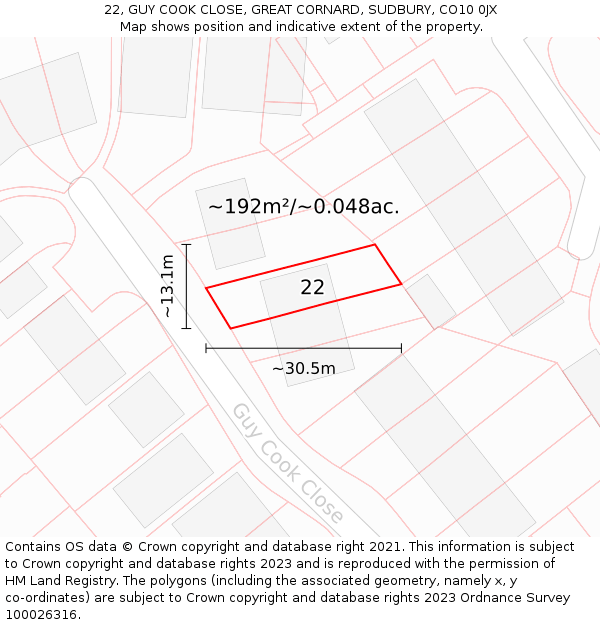 22, GUY COOK CLOSE, GREAT CORNARD, SUDBURY, CO10 0JX: Plot and title map