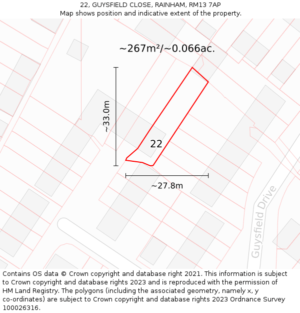22, GUYSFIELD CLOSE, RAINHAM, RM13 7AP: Plot and title map