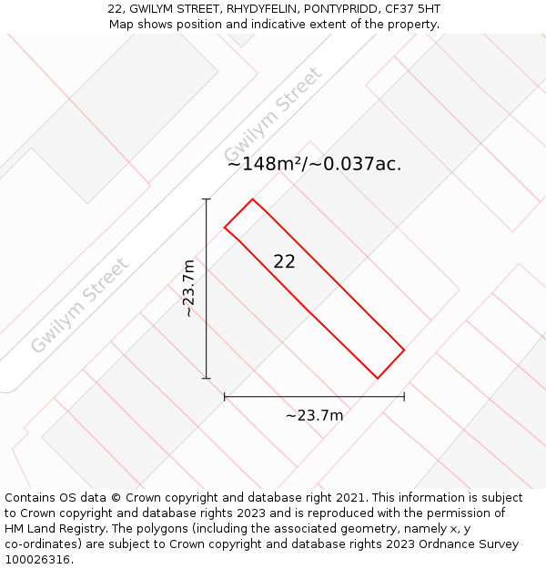 22, GWILYM STREET, RHYDYFELIN, PONTYPRIDD, CF37 5HT: Plot and title map