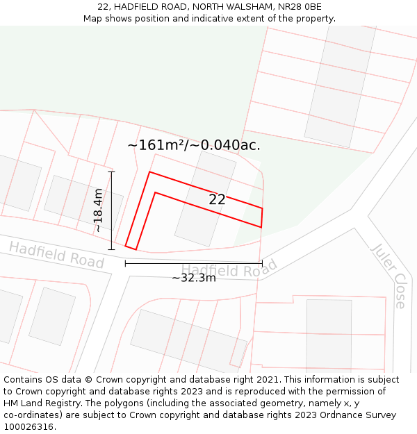 22, HADFIELD ROAD, NORTH WALSHAM, NR28 0BE: Plot and title map