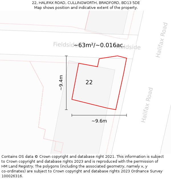 22, HALIFAX ROAD, CULLINGWORTH, BRADFORD, BD13 5DE: Plot and title map