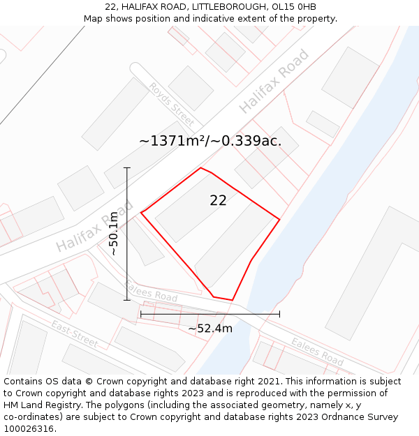 22, HALIFAX ROAD, LITTLEBOROUGH, OL15 0HB: Plot and title map
