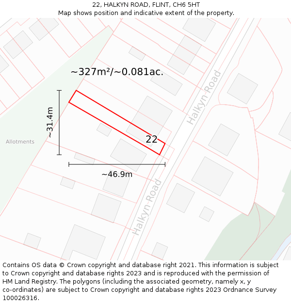22, HALKYN ROAD, FLINT, CH6 5HT: Plot and title map