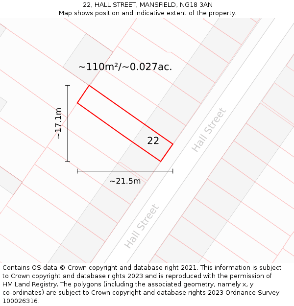 22, HALL STREET, MANSFIELD, NG18 3AN: Plot and title map