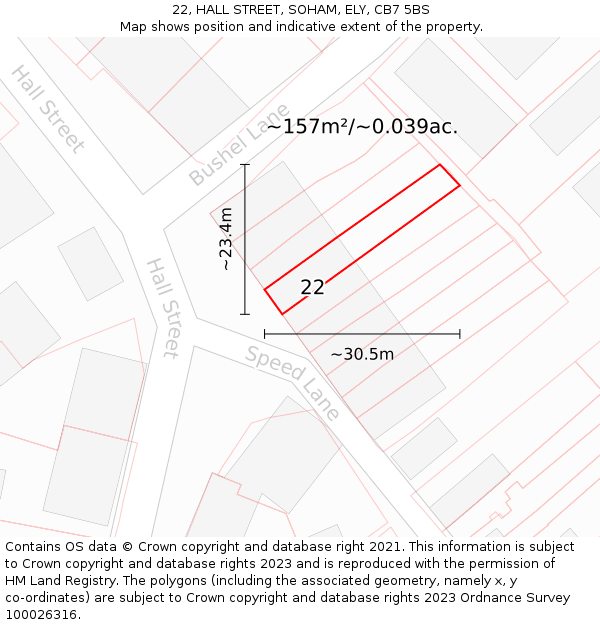 22, HALL STREET, SOHAM, ELY, CB7 5BS: Plot and title map