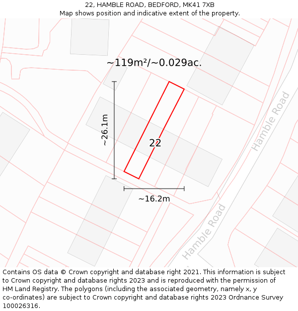 22, HAMBLE ROAD, BEDFORD, MK41 7XB: Plot and title map