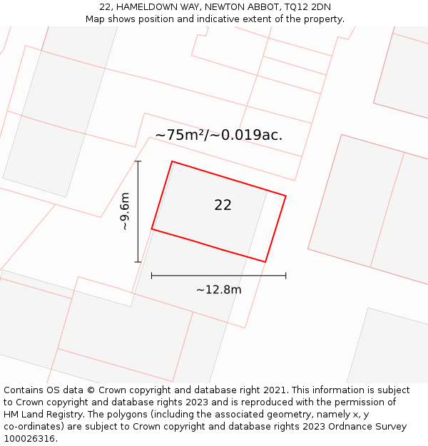 22, HAMELDOWN WAY, NEWTON ABBOT, TQ12 2DN: Plot and title map