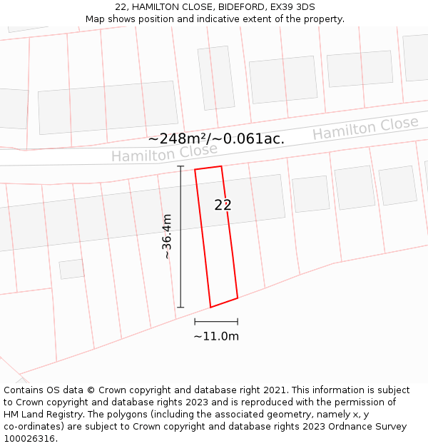 22, HAMILTON CLOSE, BIDEFORD, EX39 3DS: Plot and title map
