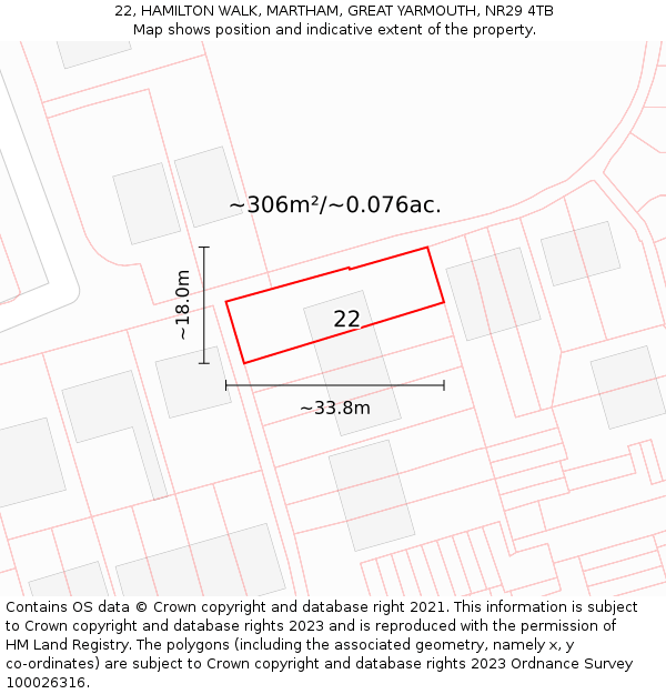 22, HAMILTON WALK, MARTHAM, GREAT YARMOUTH, NR29 4TB: Plot and title map