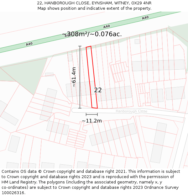 22, HANBOROUGH CLOSE, EYNSHAM, WITNEY, OX29 4NR: Plot and title map