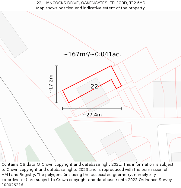 22, HANCOCKS DRIVE, OAKENGATES, TELFORD, TF2 6AD: Plot and title map