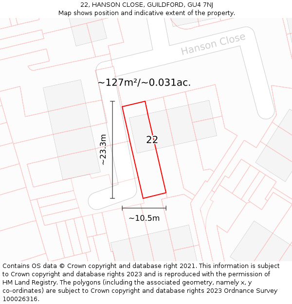 22, HANSON CLOSE, GUILDFORD, GU4 7NJ: Plot and title map