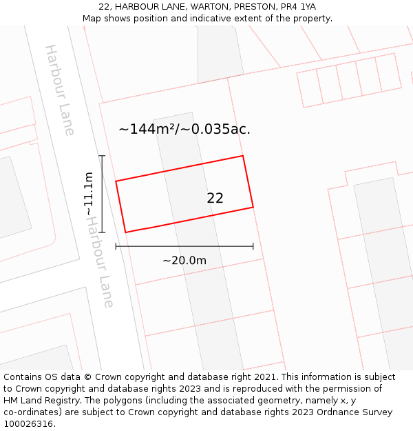 22, HARBOUR LANE, WARTON, PRESTON, PR4 1YA: Plot and title map