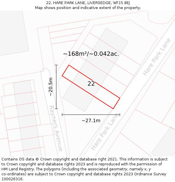 22, HARE PARK LANE, LIVERSEDGE, WF15 8EJ: Plot and title map