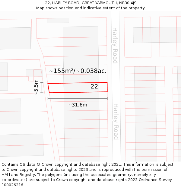 22, HARLEY ROAD, GREAT YARMOUTH, NR30 4JS: Plot and title map