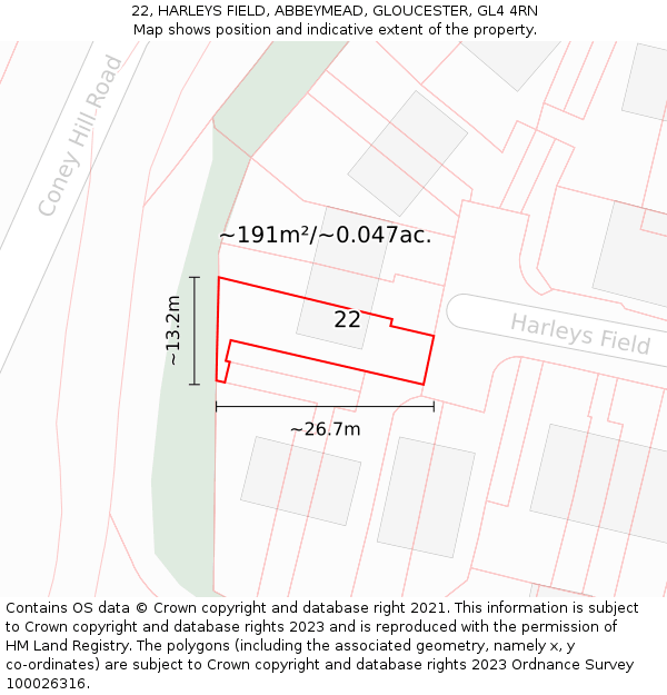 22, HARLEYS FIELD, ABBEYMEAD, GLOUCESTER, GL4 4RN: Plot and title map