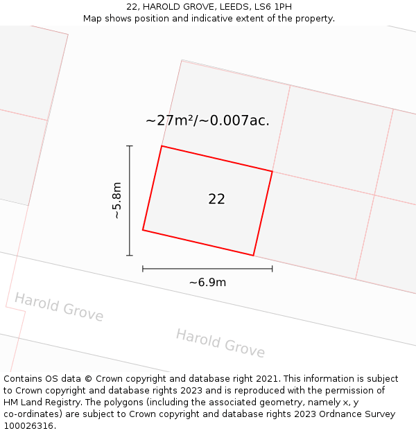 22, HAROLD GROVE, LEEDS, LS6 1PH: Plot and title map