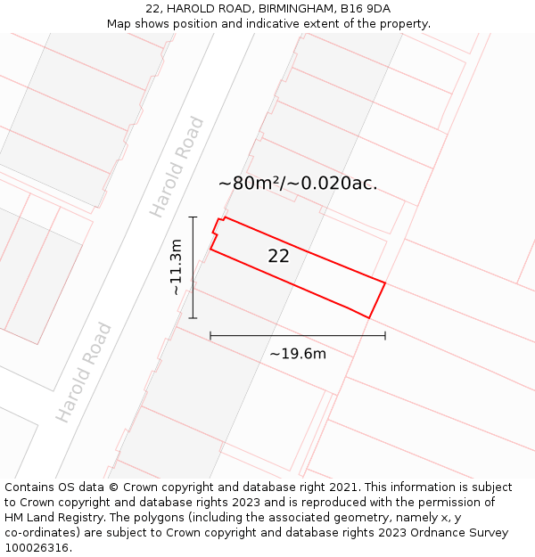 22, HAROLD ROAD, BIRMINGHAM, B16 9DA: Plot and title map