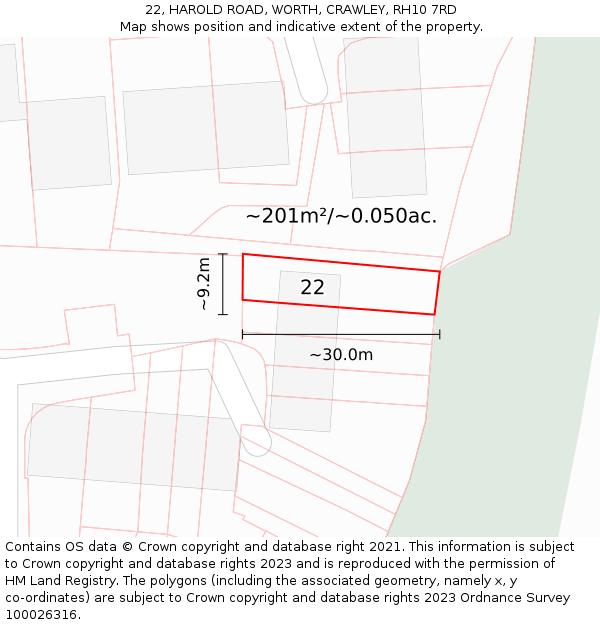 22, HAROLD ROAD, WORTH, CRAWLEY, RH10 7RD: Plot and title map