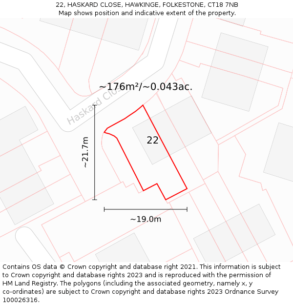 22, HASKARD CLOSE, HAWKINGE, FOLKESTONE, CT18 7NB: Plot and title map