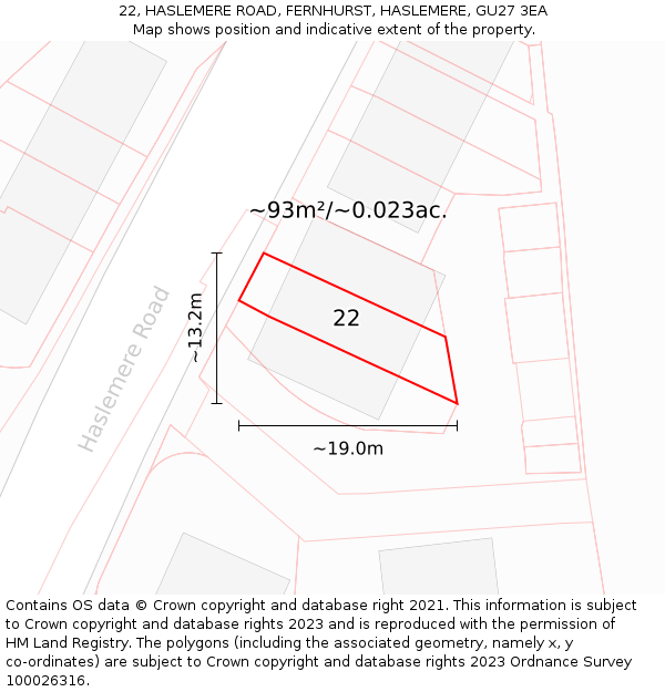 22, HASLEMERE ROAD, FERNHURST, HASLEMERE, GU27 3EA: Plot and title map
