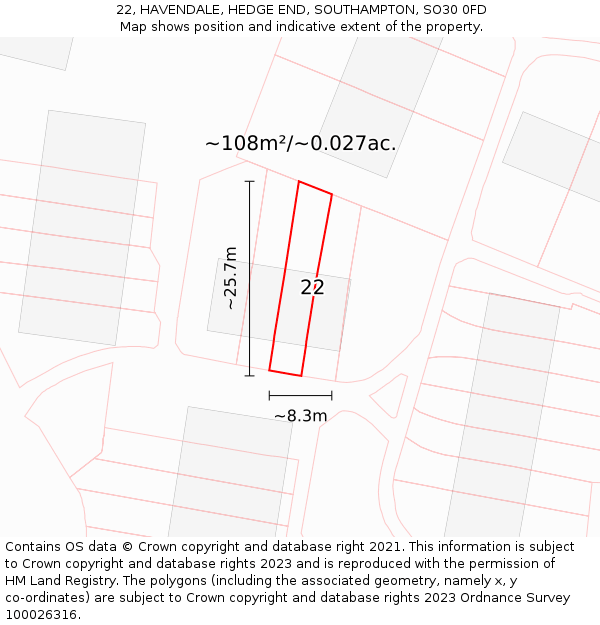 22, HAVENDALE, HEDGE END, SOUTHAMPTON, SO30 0FD: Plot and title map