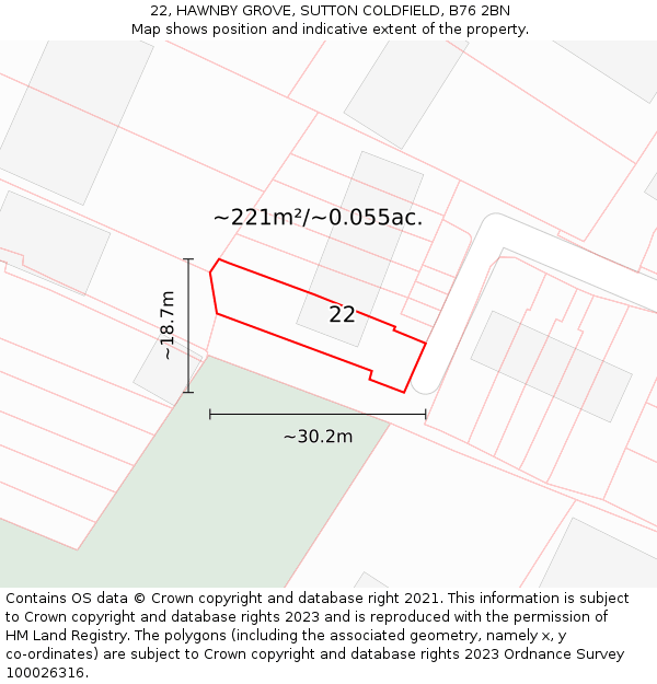 22, HAWNBY GROVE, SUTTON COLDFIELD, B76 2BN: Plot and title map