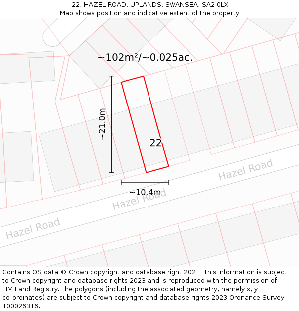 22, HAZEL ROAD, UPLANDS, SWANSEA, SA2 0LX: Plot and title map