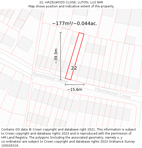 22, HAZELWOOD CLOSE, LUTON, LU2 8AR: Plot and title map