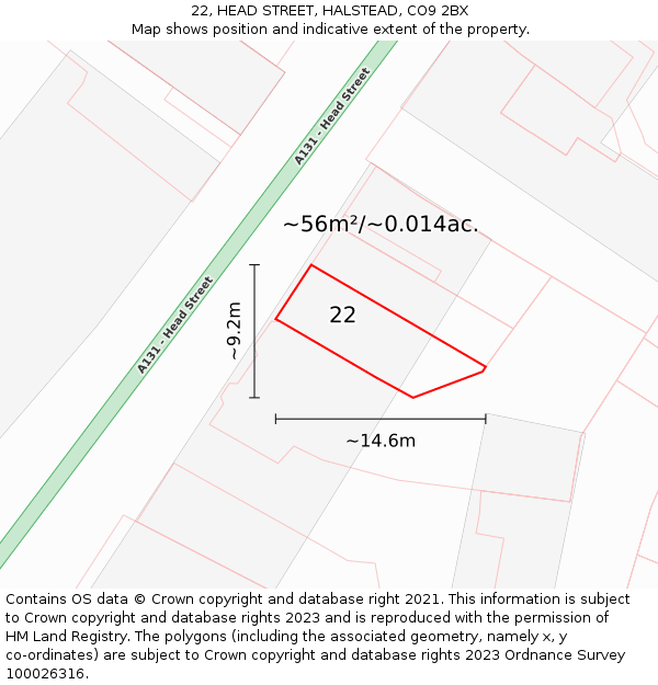 22, HEAD STREET, HALSTEAD, CO9 2BX: Plot and title map