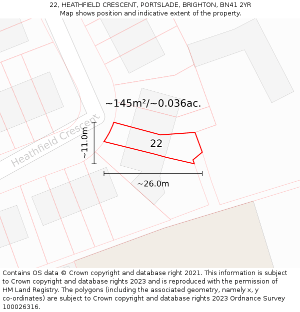 22, HEATHFIELD CRESCENT, PORTSLADE, BRIGHTON, BN41 2YR: Plot and title map