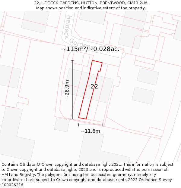 22, HEIDECK GARDENS, HUTTON, BRENTWOOD, CM13 2UA: Plot and title map